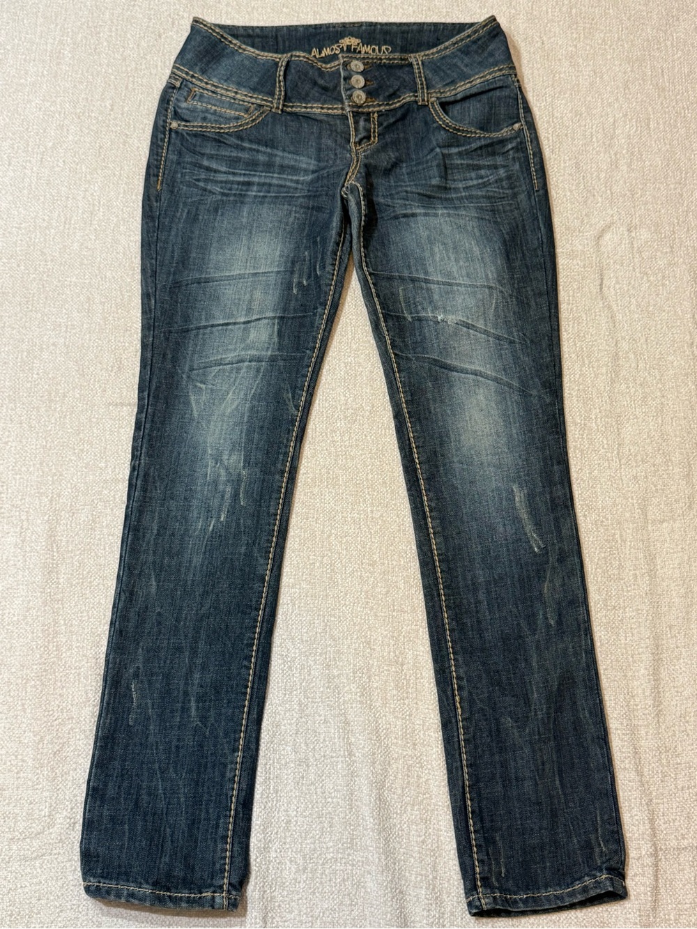 Almost Famous Jeans Womens 11 Y2K Dark Wash 3 Button Low Rise Stretch Denim